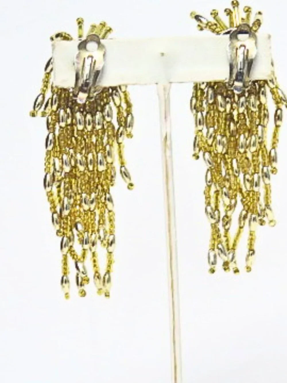 Vintage Gold Tone Waterfall Tassel Clip-On Earrings Statement Estate Jewelry